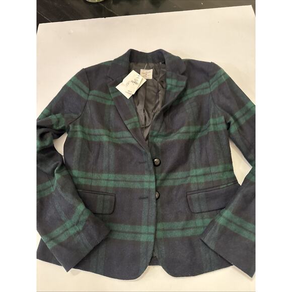 NEW GAP Wool Blend Green Navy Tartan Plaid Academy Blazer Jacket Size 8 - Picture 1 of 12